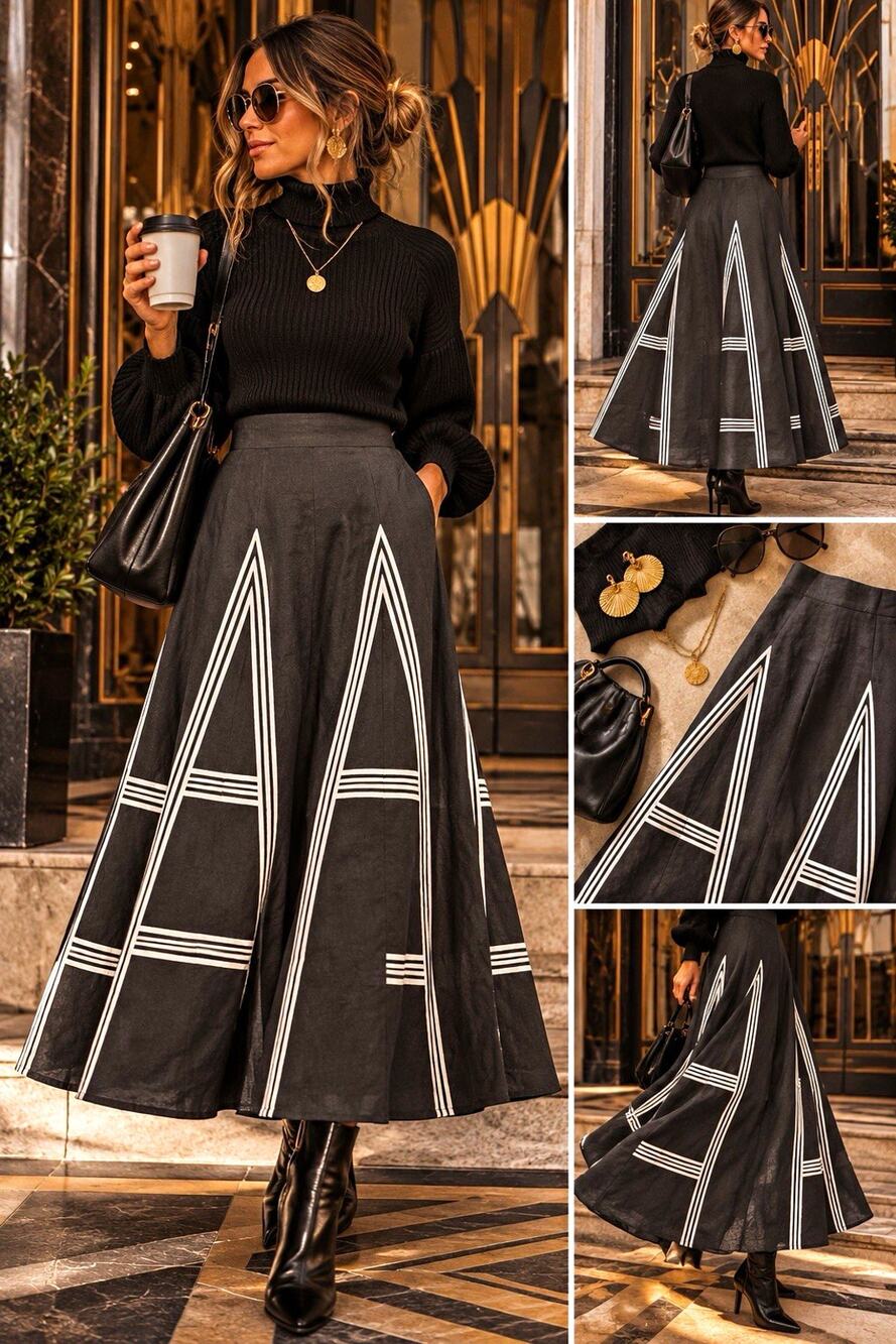 Carlisle Black 100% Linen Canvas A-Line Long Skirt Art Deco Lined Zip 6